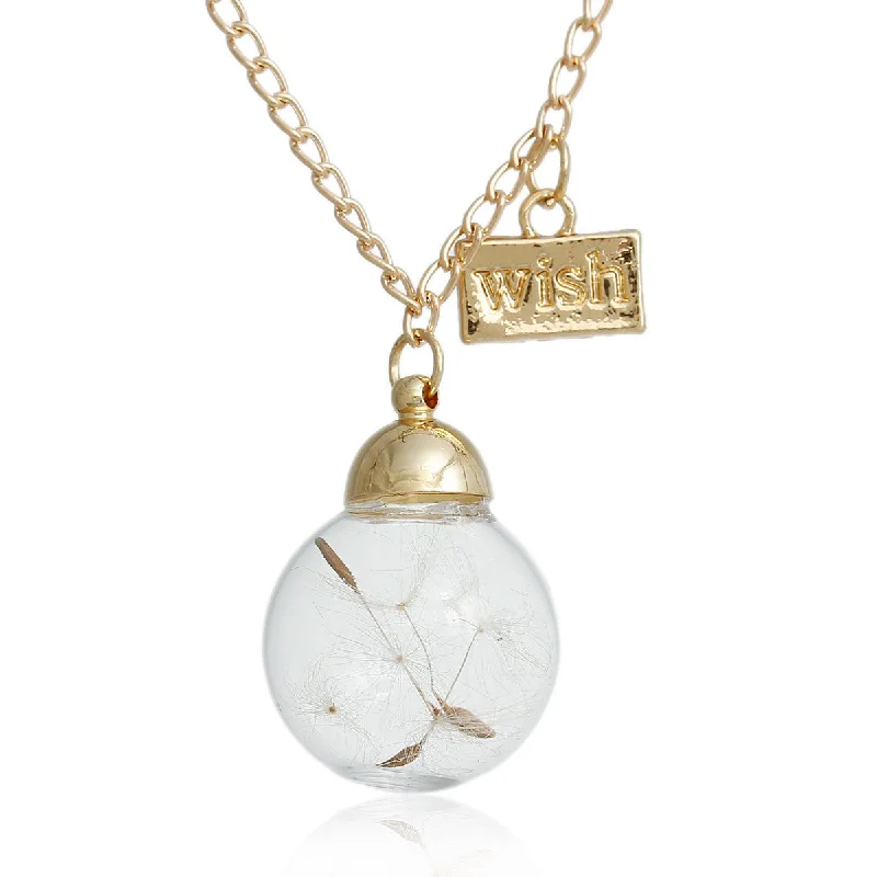 ladies necklace engraved-"Wish" Dandelion Clear Glass Ball Pendant Necklace Gold Tone Link Curb Chain Make a wish