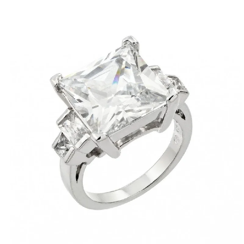 Ladies rings stainless steel options-Silver 925 Rhodium Plated Large Clear Square CZ Ring - BGR00847