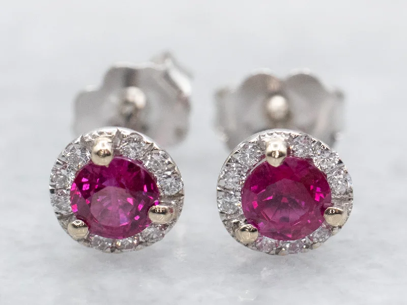 Ladies earrings rustic charm styles-Ruby Stud Earrings with Diamond Halo