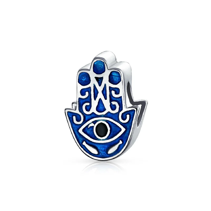 ladies bracelet luxury brands-Blue Hamsa Hand Evil Eye Good Luck Charm Bead in Sterling Silver for Bracelets