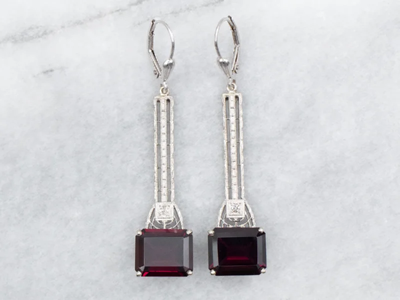 Ladies earrings synthetic jewel options-East to West Rhodolite Garnet and Diamond Drop Earrings