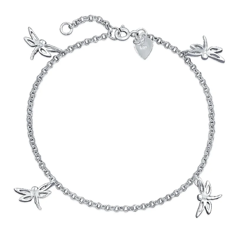 ladies bracelet initial silver-Multi Dragonfly Firefly Anklet Ankle Bracelet Sterling Silver Charm 9-10 Inch