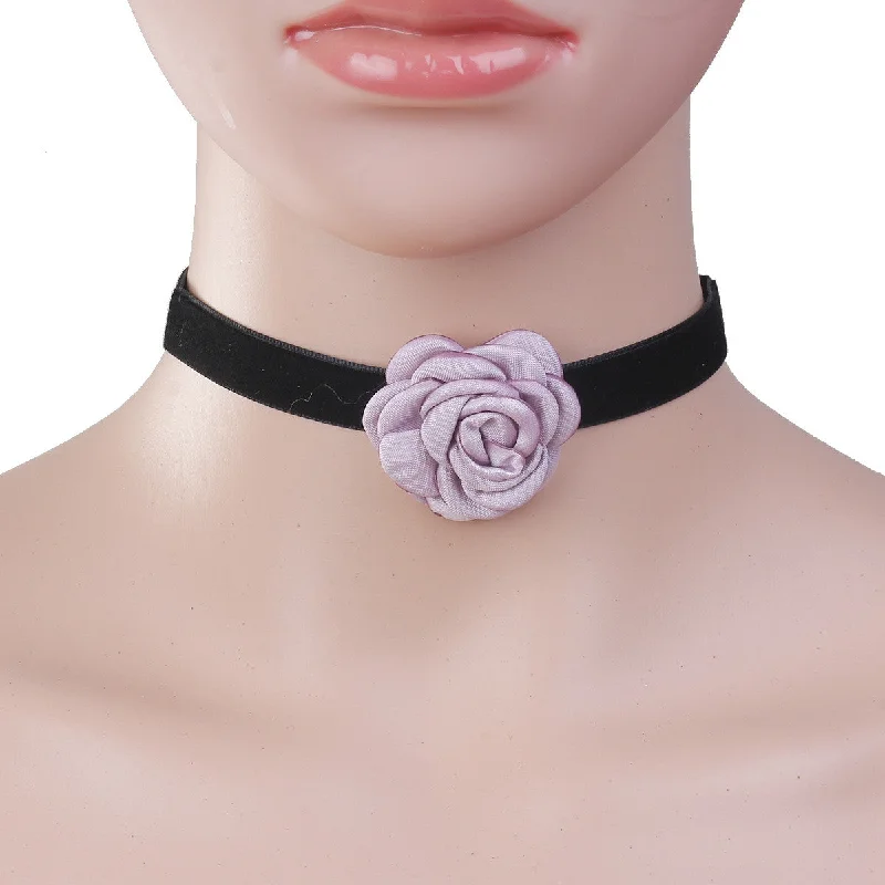 ladies necklace lace-inspired-Sexy Sparkles New Style Black Choker Mauve Flower Necklace