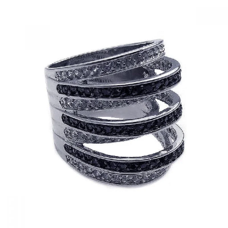 Ladies rings labradorite unique picks-Clearance-Silver 925 Rhodium and Black Rhodium Plated Black and Clear CZ Stripe Ring - BGR00171