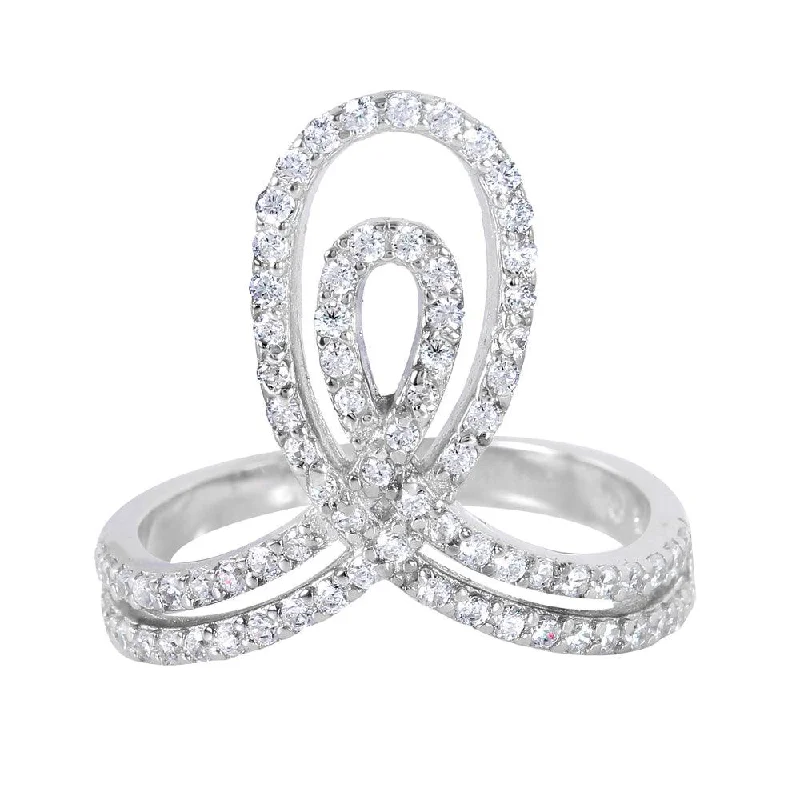 Ladies rings pink diamond designs-Silver 925 Rhodium Plated Clear Pave Set Double Loop Ring - BGR00946