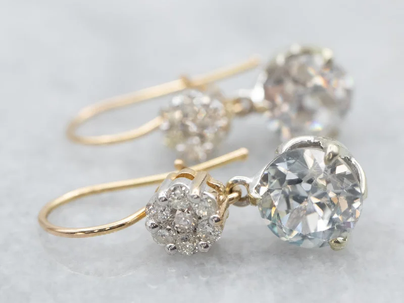 Ladies earrings brass vintage styles-Two Tone White Zircon and Diamond Drop Earrings