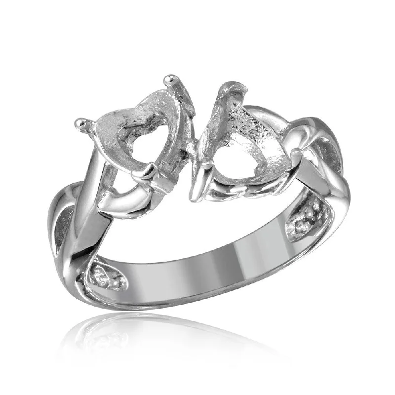 Ladies rings spinning band styles-Silver 925 Rhodium Plated Double Heart  Mounting Twisted Shank Ring - BGR01219