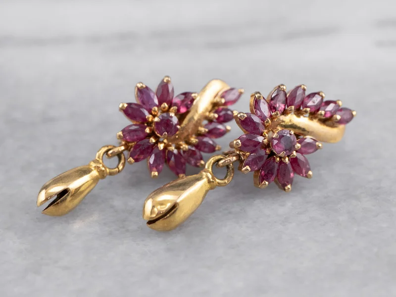 Ladies earrings radiant shine designs-Vintage Ruby Gold Drop Statement Earrings