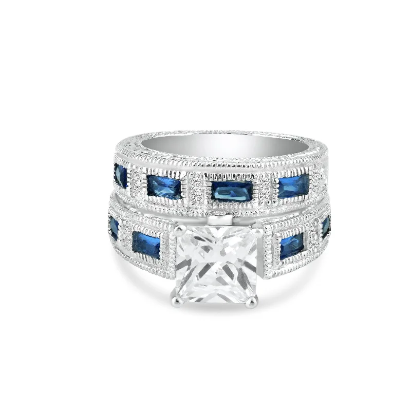 Ladies rings futuristic design styles-Silver 925 Rhodium Plated Blue Baguette and Clear CZ Ornate Ring - STR00482