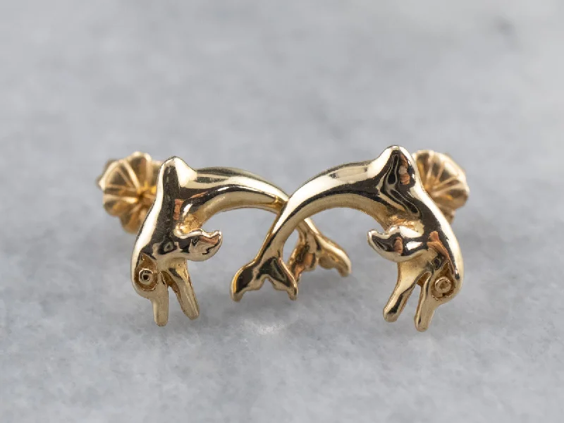 Ladies earrings low maintenance styles-Gold Dolphin Stud Earrings