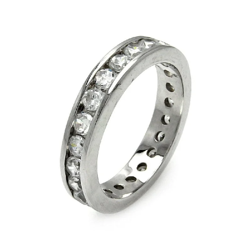 Ladies rings festive holiday gifts-Silver 925 Rhodium Plated Channel Set CZ Stackable Eternity Ring - STR00123