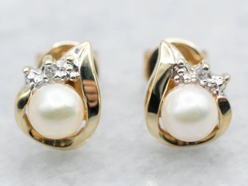 Ladies earrings romantic matching sets-Saltwater Pearl and Diamond Stud Earrings