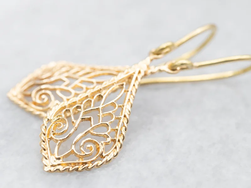 Ladies earrings firm grip designs-Yellow Gold Filigree Drop Earrings