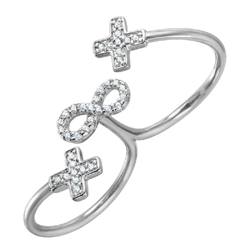 Ladies rings gemstone cluster styles-Silver 925 Rhodium Plated Crosses and Infinity CZ Two-Finger Open Ring - BGR00999