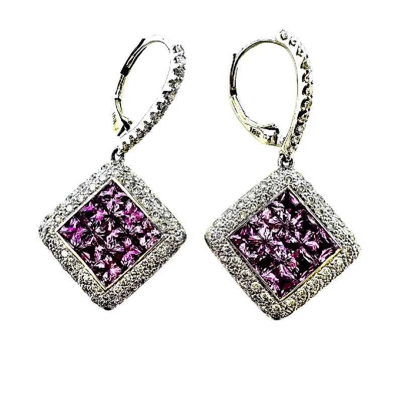 Ladies earrings Valentine’s Day specials-18K White Gold Pink Sapphire and Diamond Drop Earrings