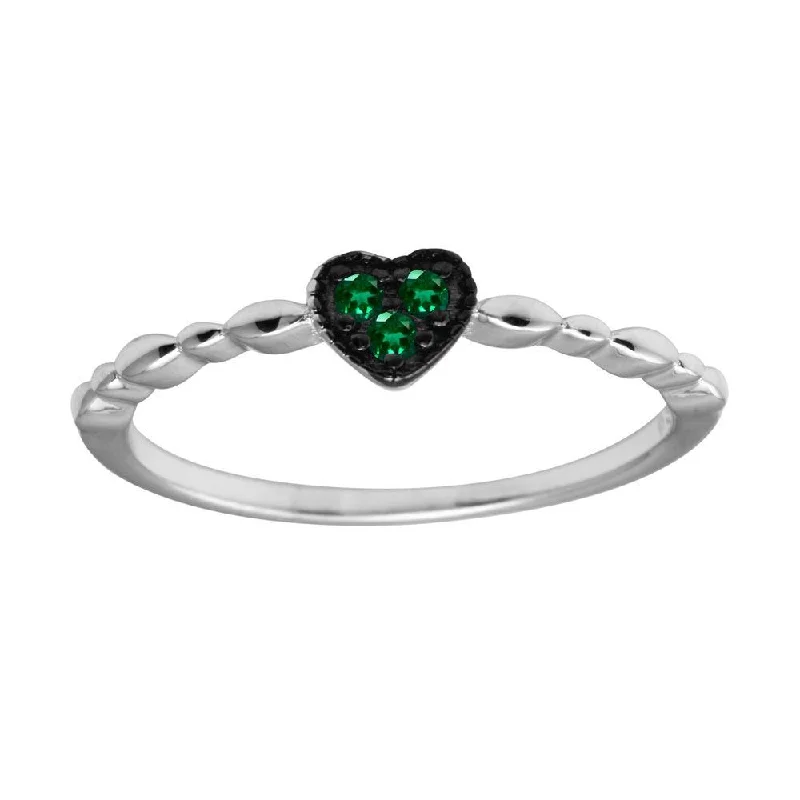 Ladies rings tension set rings-Rhodium Plated 925 Sterling Silver Heart 3 Green CZ Ring - BGR01227GRN