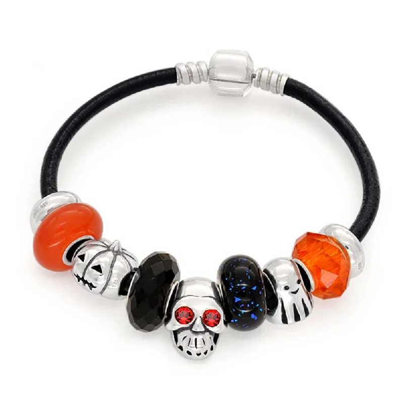 ladies bracelet boho rose gold-Halloween Skull Ghost Pumpkin Charm Leather Bracelet Sterling Silver