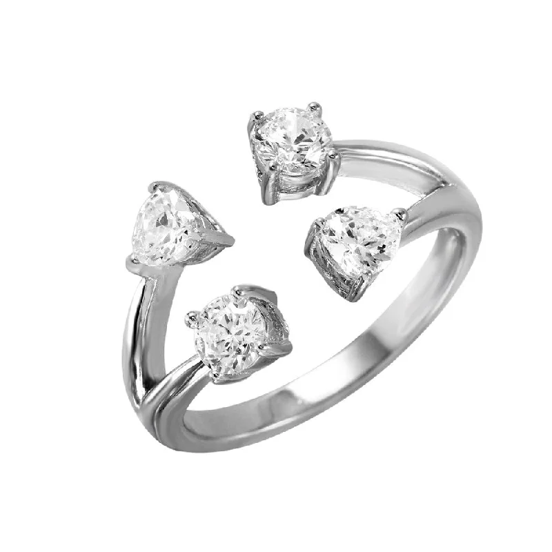 Ladies rings trendy fashion picks-Silver 925 Rhodium Plated 4 Ends Open Ring with CZ Accents Caps - BGR00985