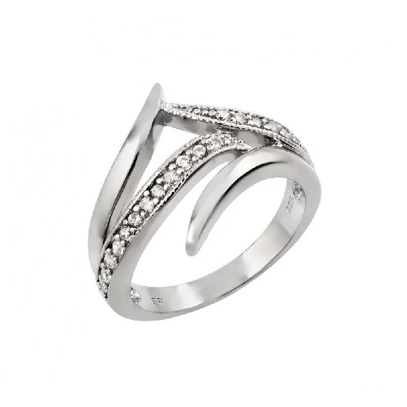 Ladies rings easy care rings-Silver 925 Rhodium Plated Clear CZ Intersecting Line Ring - STR00971