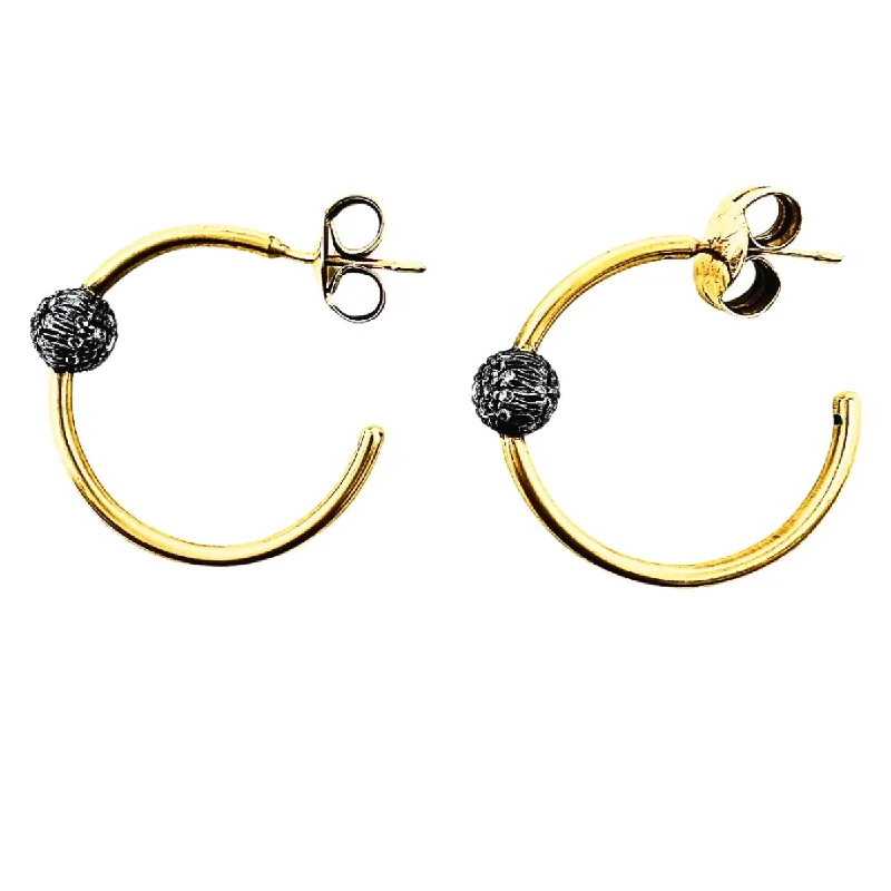 Ladies earrings standout unique styles-Silver and 18K Gold Hoop Earrings with Pave Diamond Ball