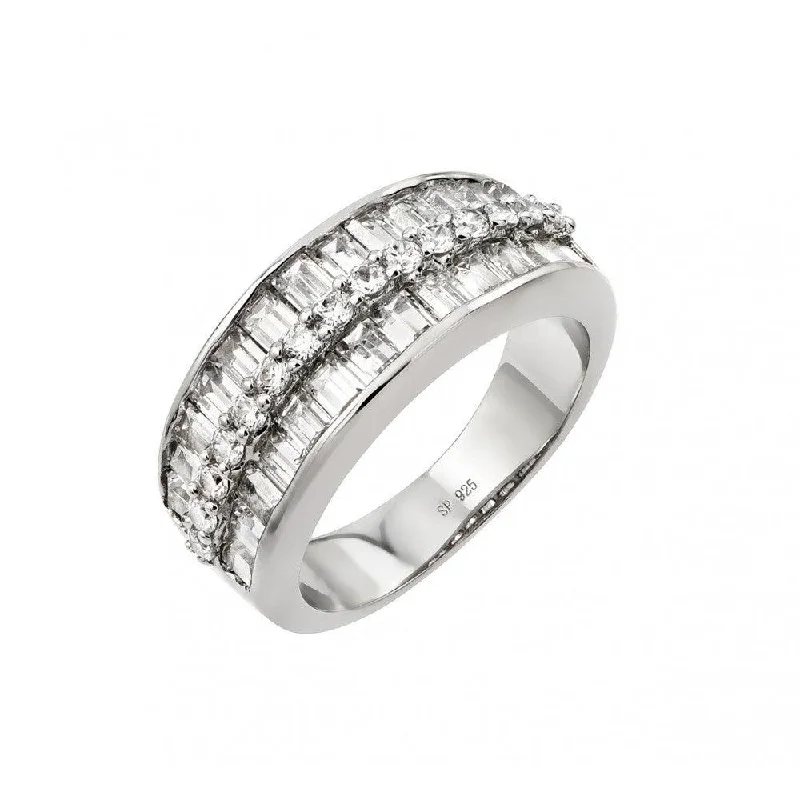 Ladies rings expressionist designs-Silver 925 Rhodium Plated Clear Baguette CZ Channel Ring - STR00956