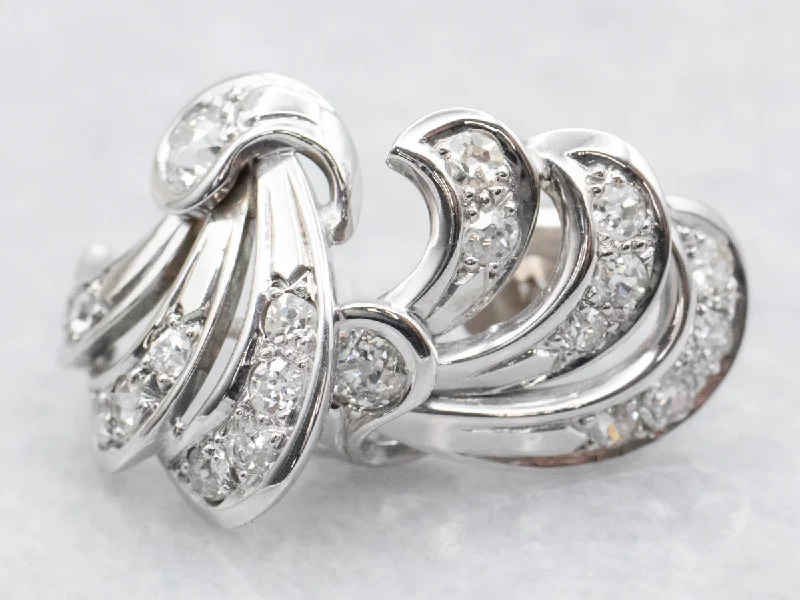 Ladies earrings polished shine designs-White Gold Old Mine Cut Diamond Flourish Stud Earrings