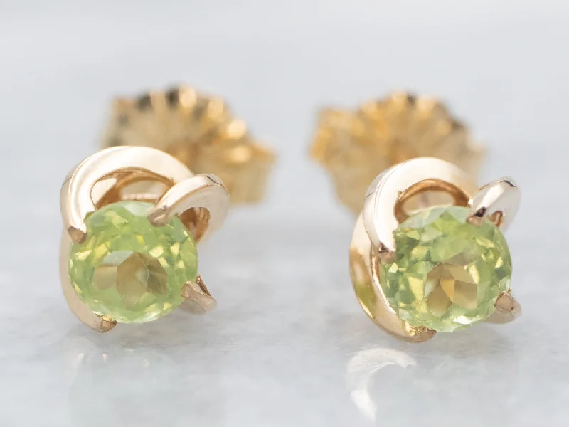 Ladies earrings unique artisan designs-Yellow Gold Peridot Swirl Stud Earrings