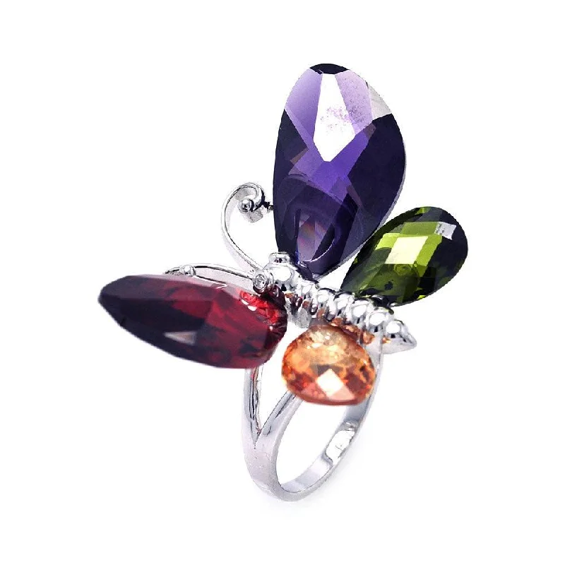 Ladies rings abstract form rings-Clearance-Silver 925 Rhodium Plated Multi Colored CZ Butterfly Ring - STR00822