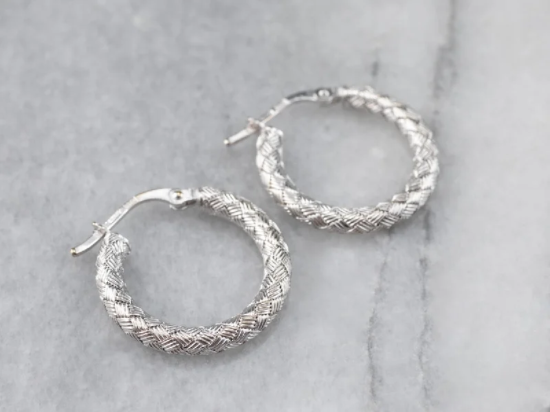 Ladies earrings vibrant shade designs-18K White Gold Woven Hoop Earrings