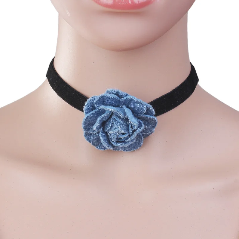 ladies necklace small batch-Sexy Sparkles New Style Black Choker Necklace with  Blue Flower