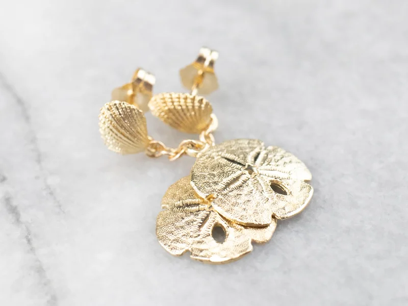 Ladies earrings glitter accent styles-Gold Sand Dollar Drop Earrings