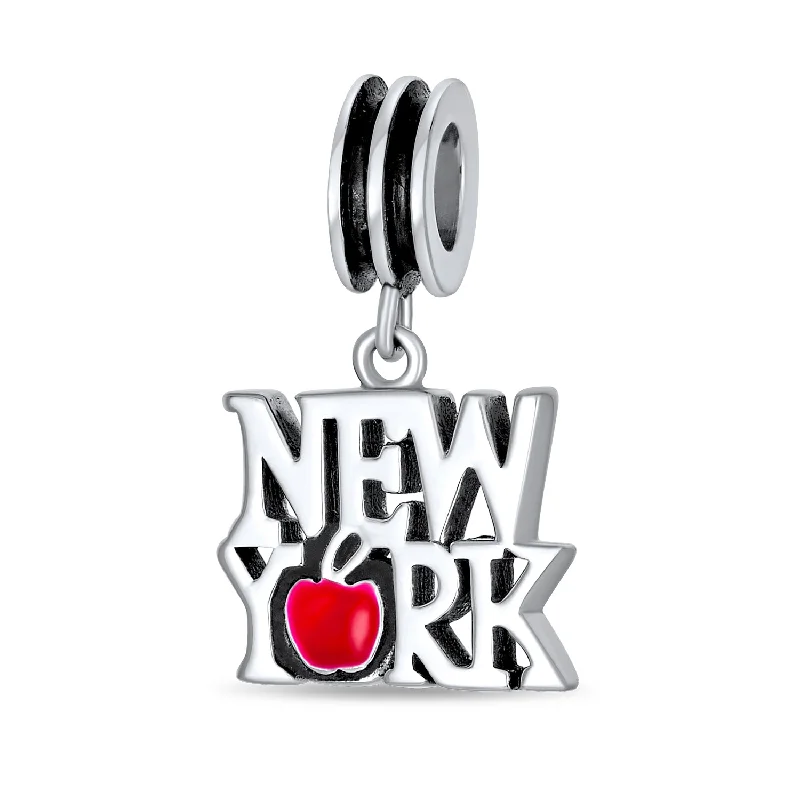 ladies bracelet nickel free-Red Big Apple I Love New York Dangle Charm Bead Enamel Sterling Silver for Bracelet