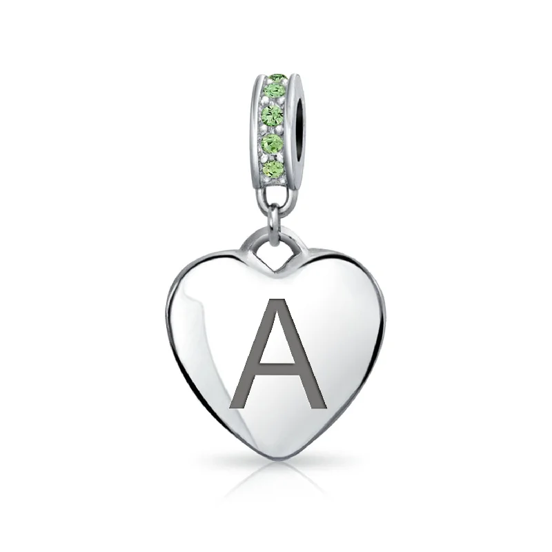 ladies bracelet aquamarine-Initial Alphabet Bead Charm Light Green Crystal Heart Sterling Silver Bracelet