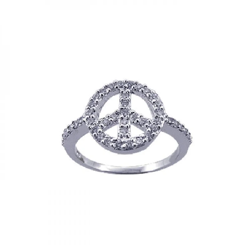 Ladies rings classic vintage looks-Silver 925 Rhodium Plated CZ Peace Sign Ring - STR00591