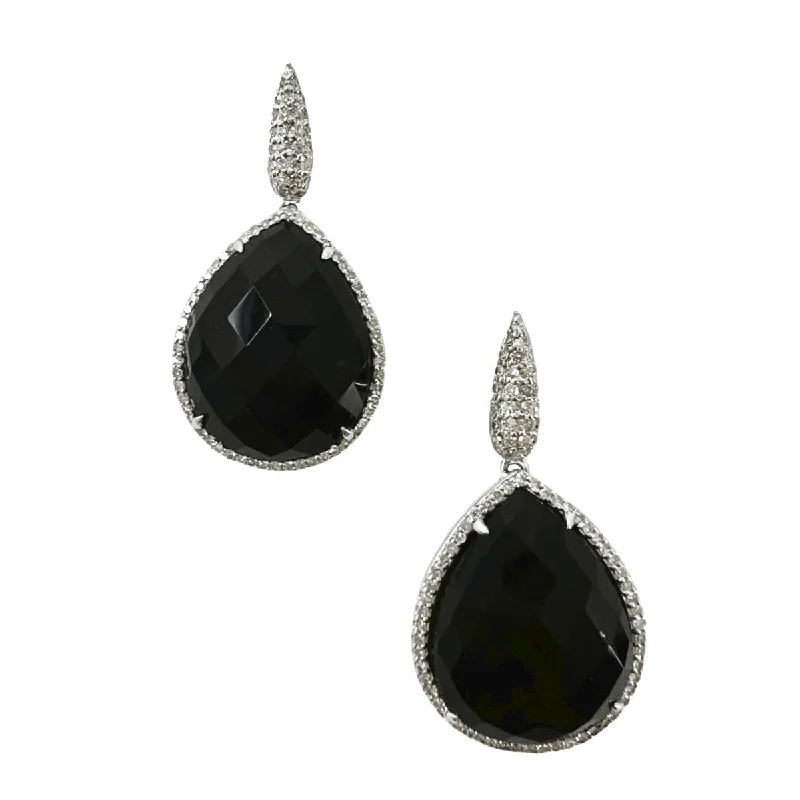 Ladies earrings complex form styles-14K White Gold Drop Earrings with Teardrop Shaped Onyx and Diamonds