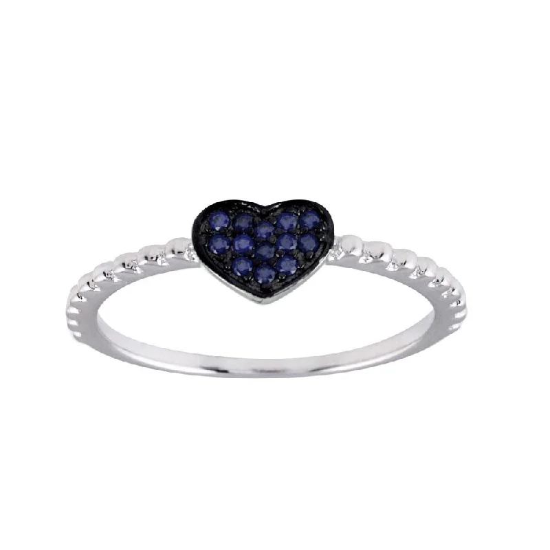 Ladies rings gothic aesthetic appeal-Rhodium Plated 925 Sterling Silver Beaded Heart Blue CZ Ring - BGR01245BLU