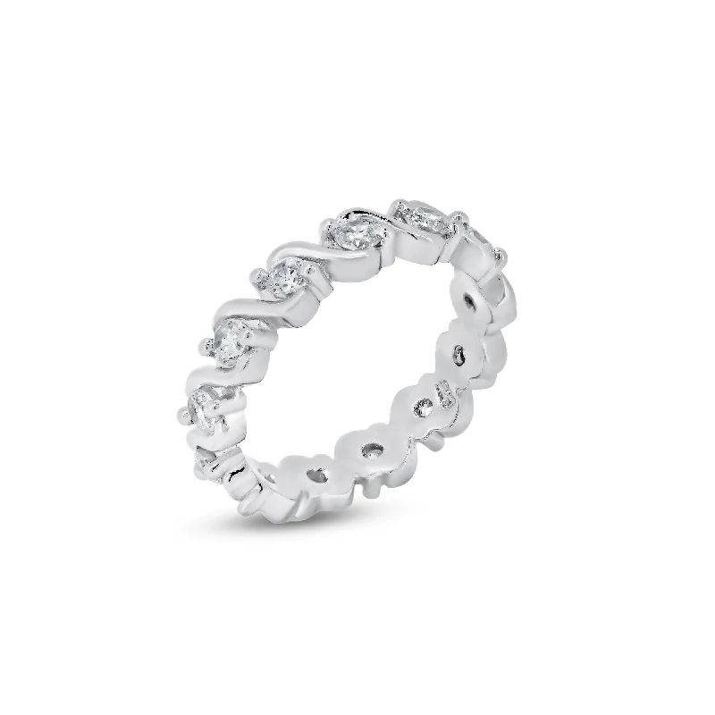 Ladies rings bold geometric designs-Silver 925 Rhodium Plated Clear CZ Wave Eternity Ring - BGR00364