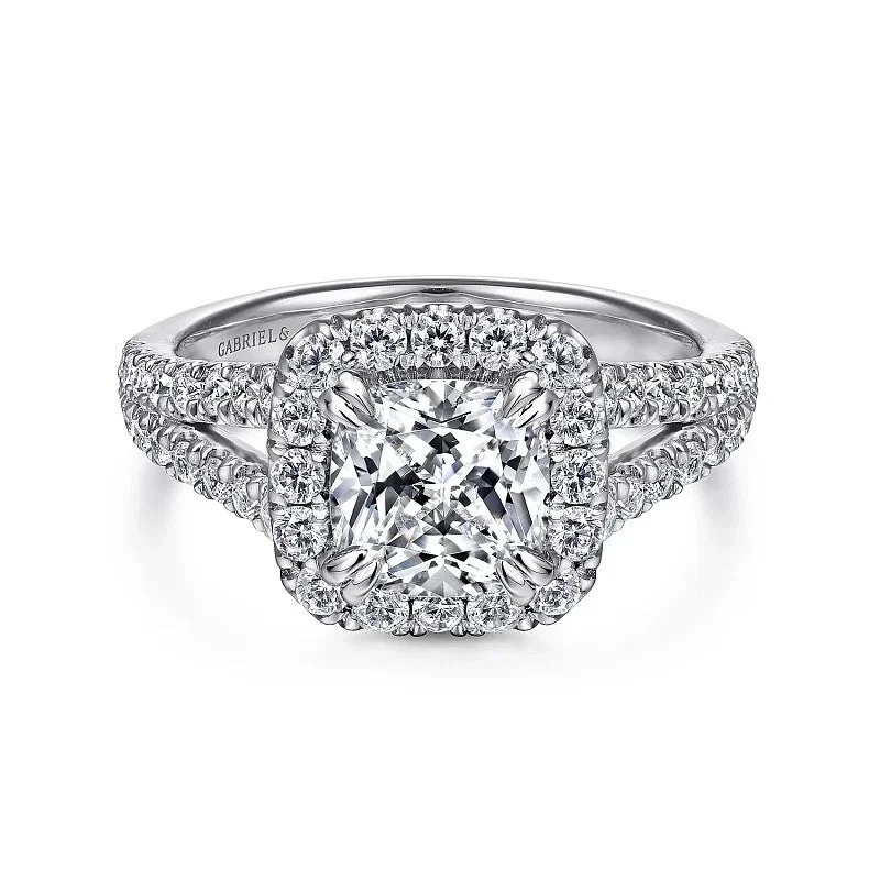 Ladies engagement rings twisted band diamonds-James - 14K White Gold Cushion Halo Diamond Engagement Ring