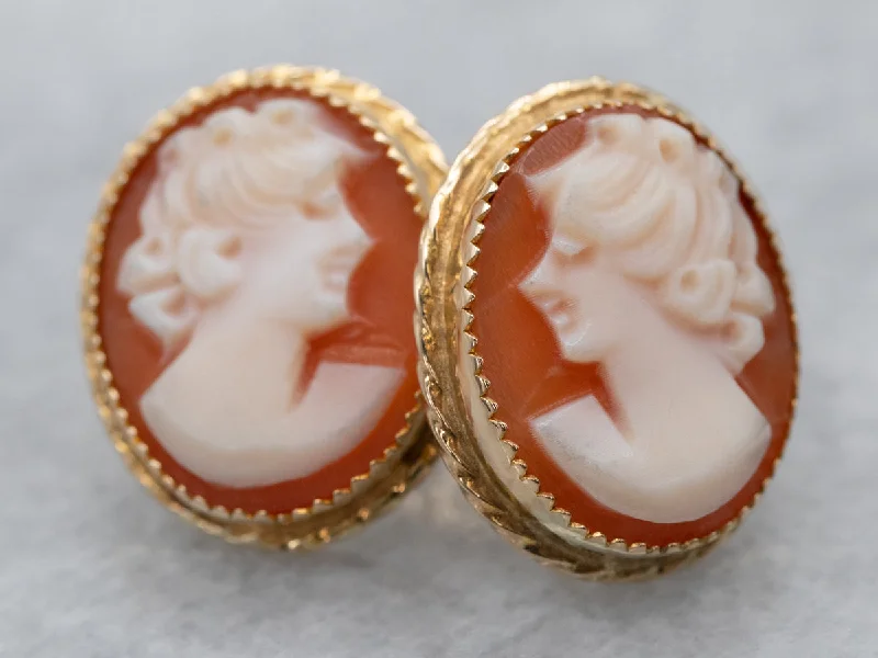 Ladies earrings birthstone accent styles-Vintage Cameo Gold Stud Earrings