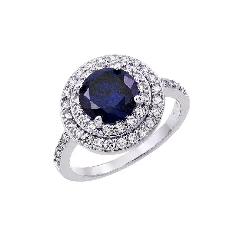 Ladies rings slip-on ring styles-Silver 925 Rhodium Plated Blue Center and Clear Cluster CZ Ring - BGR00886TAN