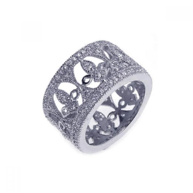 Ladies rings cubist style designs-Silver 925 Rhodium Plated CZ Fleur De Lis Eternity Ring - STR00552