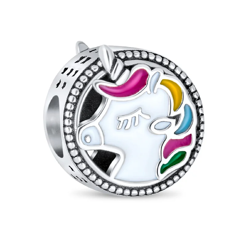 ladies bracelet turquoise-Good Luck Unicorn Charm Bead Colorful Enamel Sterling Silver for Bracelets