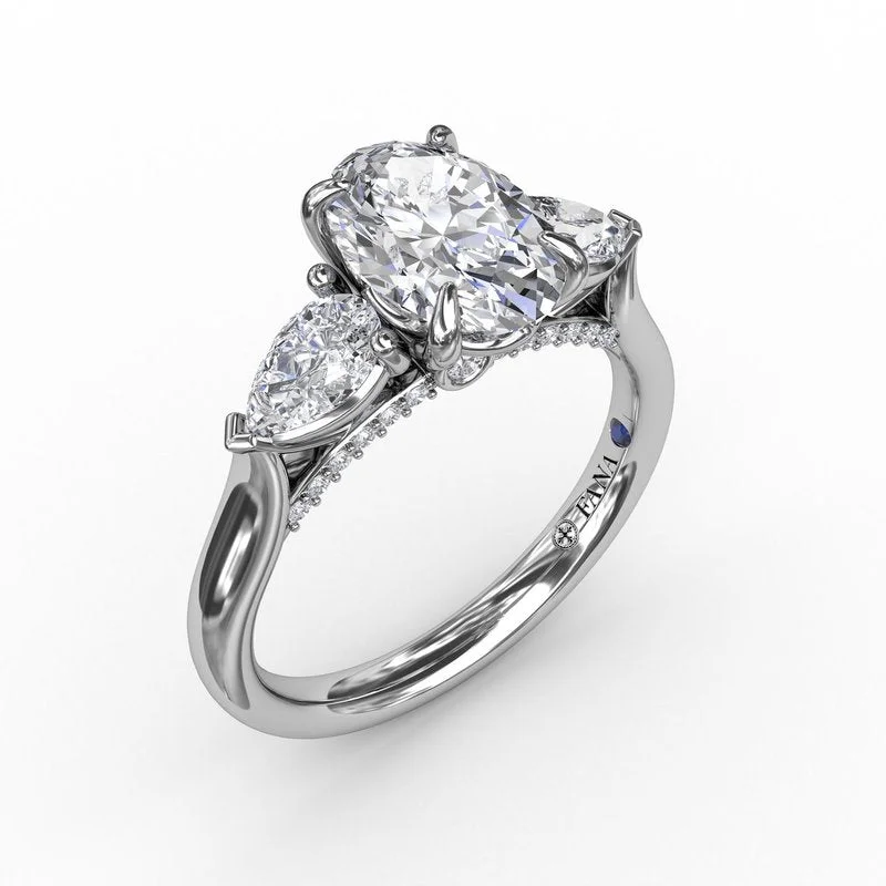 Ladies engagement rings small diamonds-Classic Three-Stone Oval Engagement Ring With Pear-Shape Side Stones