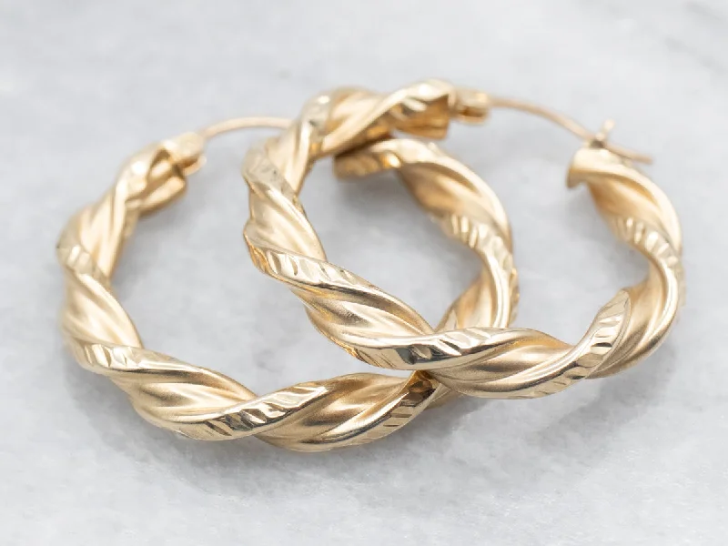 Ladies earrings rose-cut diamond styles-Textured Gold Twisted Hoop Earrings