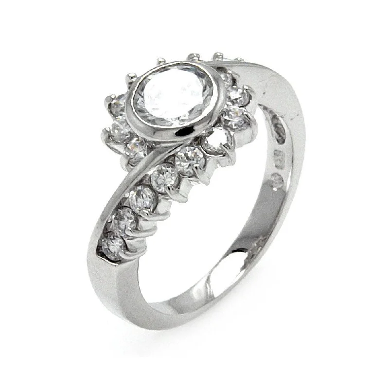 Ladies rings soft glow designs-Silver 925 Rhodium Plated Clear Round Center CZ Flower Ring - BGR00529