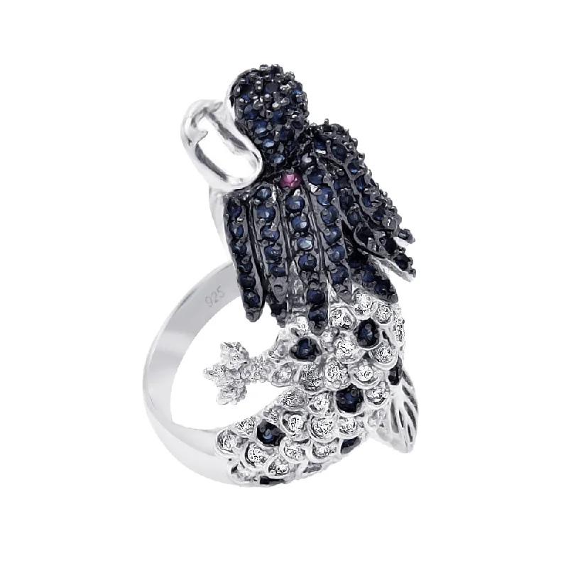 Ladies rings cyberpunk style rings-Silver 925 Rhodium and Black Rhodium Plated 2 Toned Multi Colored CZ Dragon Ring - BGR00356