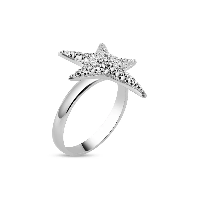 Ladies rings brilliant cut styles-Silver 925 Rhodium Plated CZ Starfish Ring - STR00604