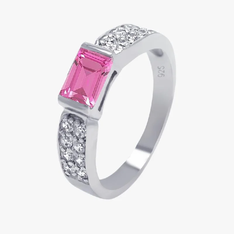 Ladies rings office-friendly elegance-Silver 925 Rhodium Plated Pink Rectangular Center Pave CZ Ring - AAR0002PINK