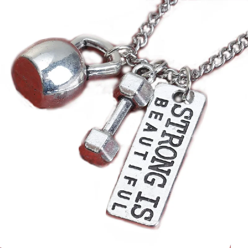 ladies necklace white gold-Sexy Sparkles Strong Is Beautiful Fitness Dumbell kettlebell Necklace