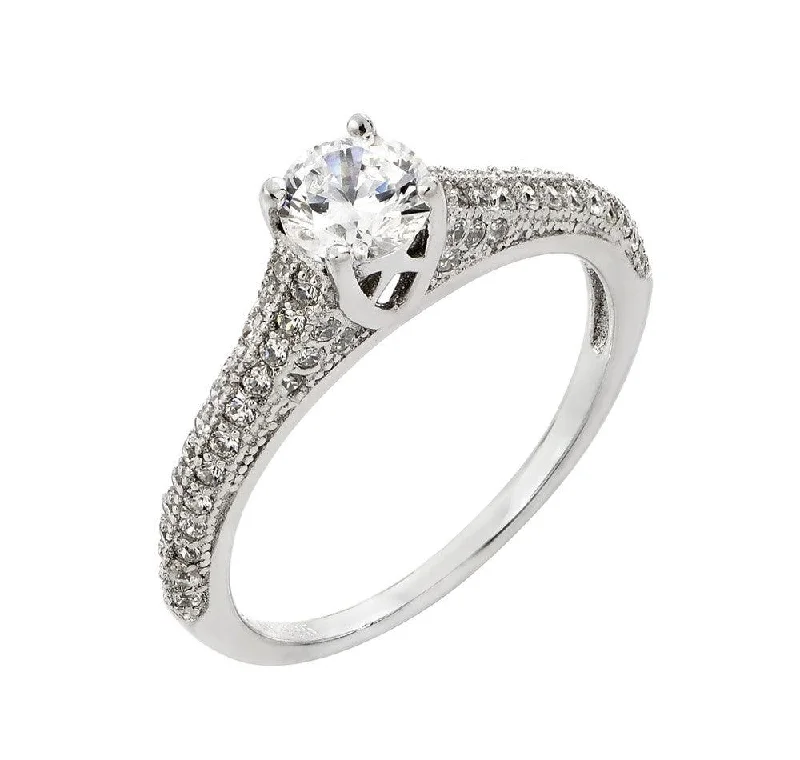 Ladies rings medium width styles-Silver 925 Rhodium Plated Solitaire Micro Pave CZ Ring - STR00927